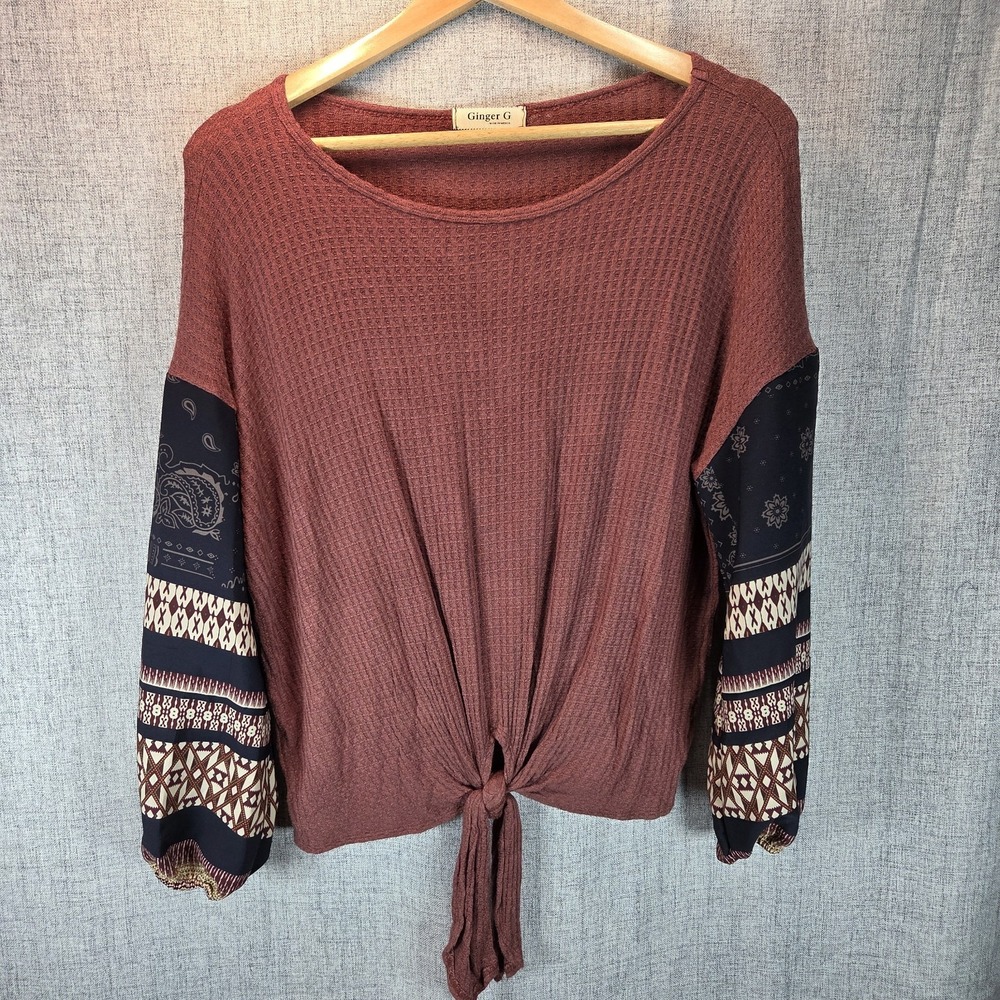Ginger G Sz Small Women's Waffle Knit Long Sleeve Patchwork Shirt Boho Casual